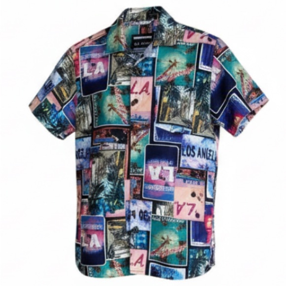 Boardsports USA Men’s LA Landscape Graphic Print Camp Collar Shirt Size M